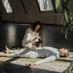 Serene indoor wellness session with a Tibetan singing bowl for relaxation and meditation.